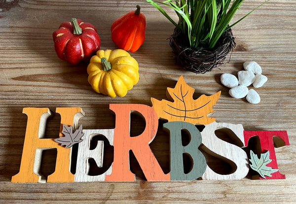 LB H&F Schriftzug Herbst zum hinstellen Holz Herbstblätter Blätter Natur 30 cm Gross Herbstdeko BLATT