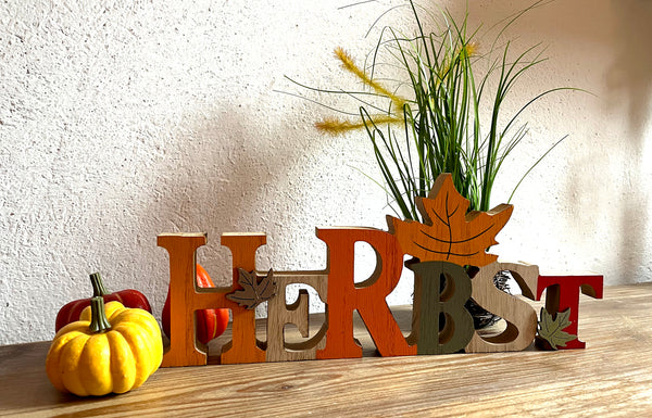 LB H&F Schriftzug Herbst zum hinstellen Holz Herbstblätter Blätter Natur 30 cm Gross Herbstdeko BLATT