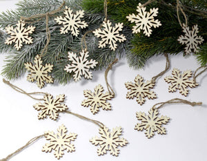 LB H&F 14er Set Christbaumanhänger Holz Christbaumschmuck Schneeflocke Natur Weihnachtsdeko Weihnachten