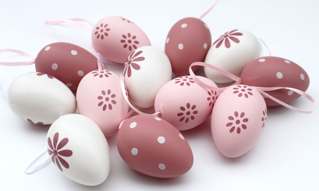 12 Stück Deko Ostereier 6 cm Eier zum Hängen Osterdeko Osterhänger Pastelltöne rosa Wetterfest Kunststoff Ostern Set