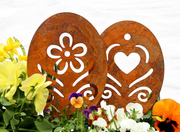 LB H&F Osterdeko Deko Ostern Garten Metall Rost Gartendeko Ostern Frühling Stecker (2er Osterei Herz + Blume)
