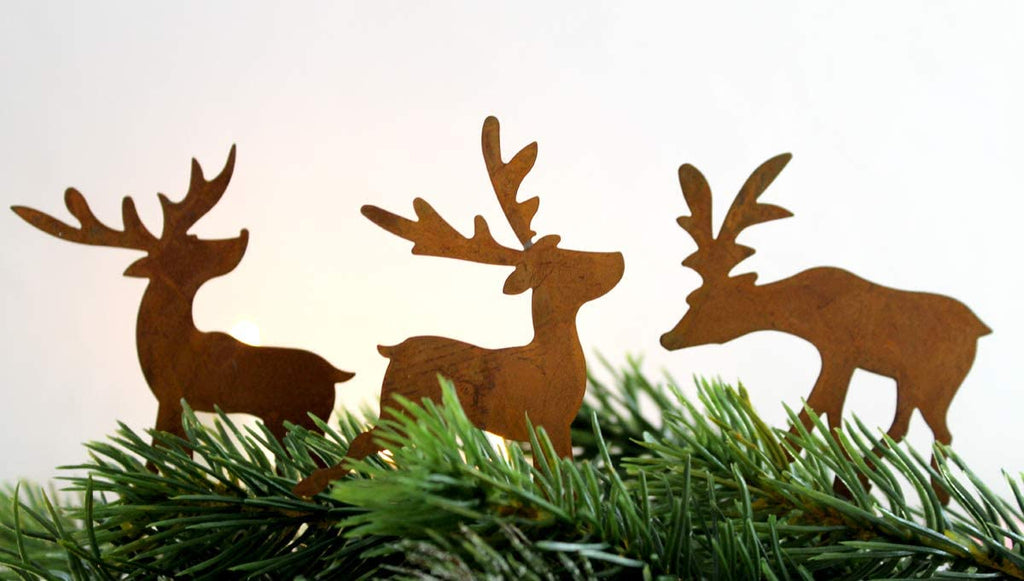 LB H&F 3er Set Adventskranz Deko Roststecker Advent Rost Metall Weihnachten ADVENTSKRANZSTECKER Hirsch klein zum selber dekorieren Stecker - Rost