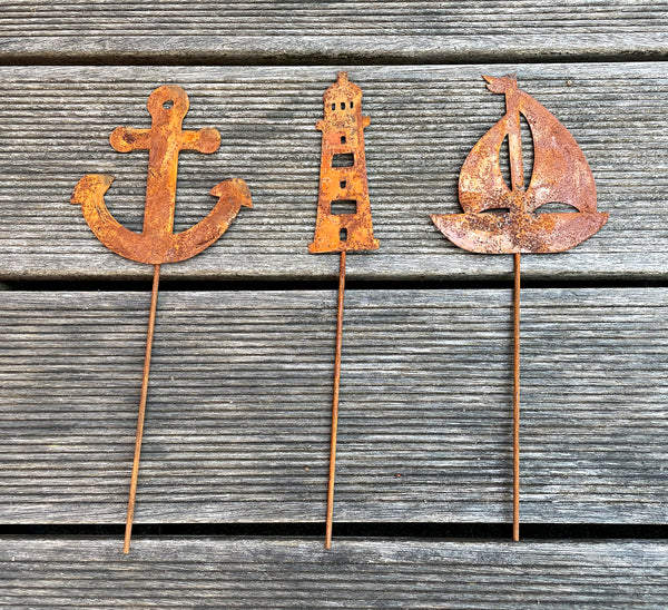 3er Set Gartenstecker Maritim Deko Roststecker Anker / Schiff / Leuchtturm Rost Metall wetterfest