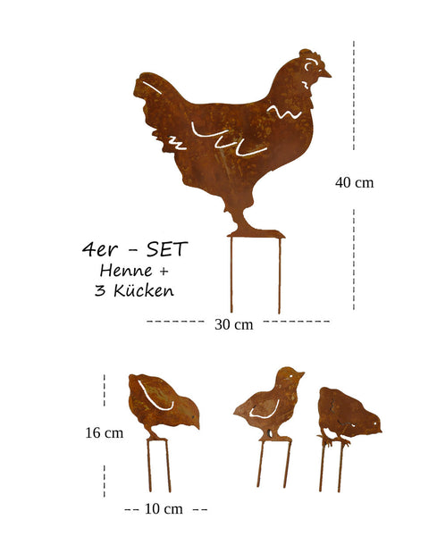 LB H&F Lilienburg Gartendeko 4er Set Hühner Hühnerfamilie - Henne mit 3 Küken - Set Roststecker Rost Metall wetterfest (Hühner Set)