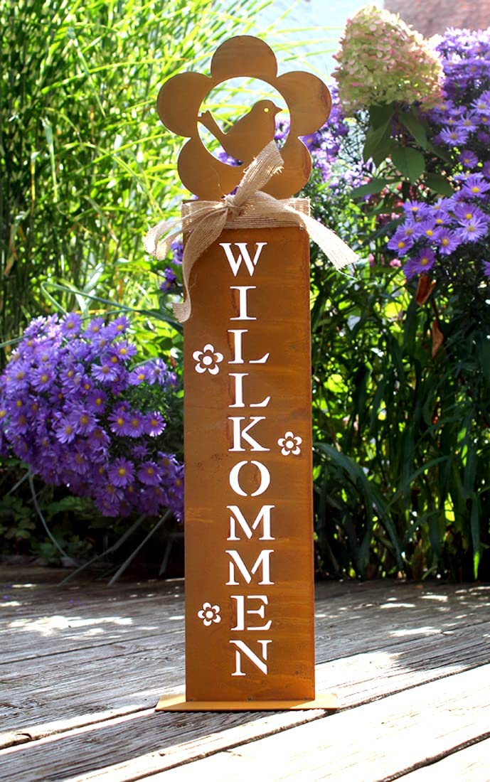 LB H&F Rostsäule Roststeele WILLKOMMEN 58cm Groß Rost Rostdeko Vogel G