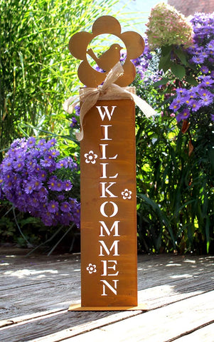 LB H&F Rostsäule Roststeele WILLKOMMEN 58cm Groß Rost Rostdeko Vogel Gartendeko zum hinstellen/draußen Wetterfest (Braun)