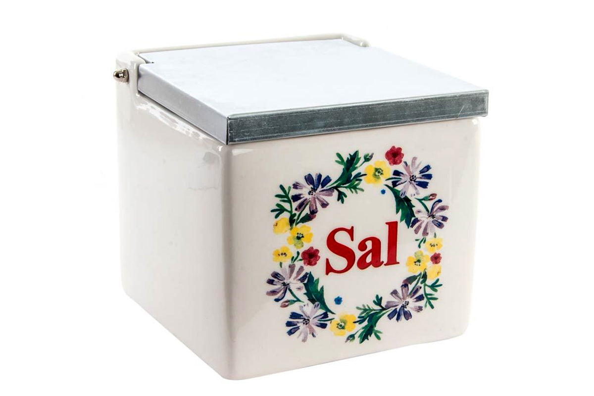 LB H&F Lilienburg Salztopf Zuckertopf Salstreuer Keramik weiß mit Metalldeckel -Küchendeko Dekoration Küche FLORAL