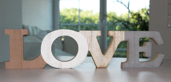 Schriftzug Love zum hinstellen Buchstaben Holz Natur Grau Braun Weiß 35 cm Gross LIEBE
