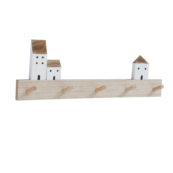 LB H&F Schlüsselbrett Haus Schlüsselleiste Holz mit 5 Schlüsselhaken Schlüsselschrank Natur Weiß 50 cm Haus