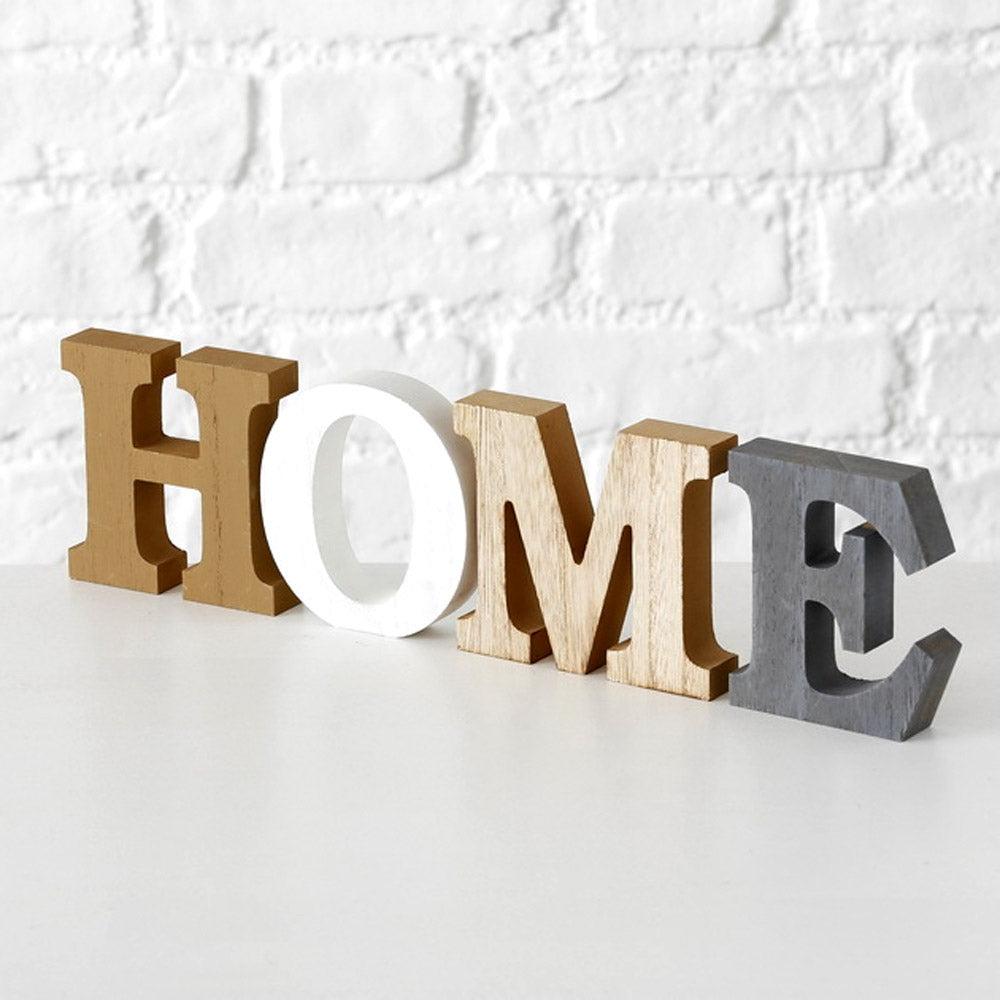 B H&F Schriftzug HOME zum hinstellen Buchstaben Holz Natur Grau Braun
