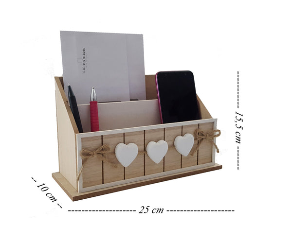 LB H&F Schreibtisch-Organizer Utensilo Briefablage Stifteablage Holz Herz 25 cm Aufbewahrungsbox Briefe Stifte