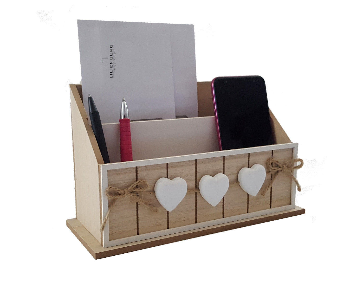 LB H&F Schreibtisch-Organizer Utensilo Briefablage Stifteablage Holz Herz 25 cm Aufbewahrungsbox Briefe Stifte