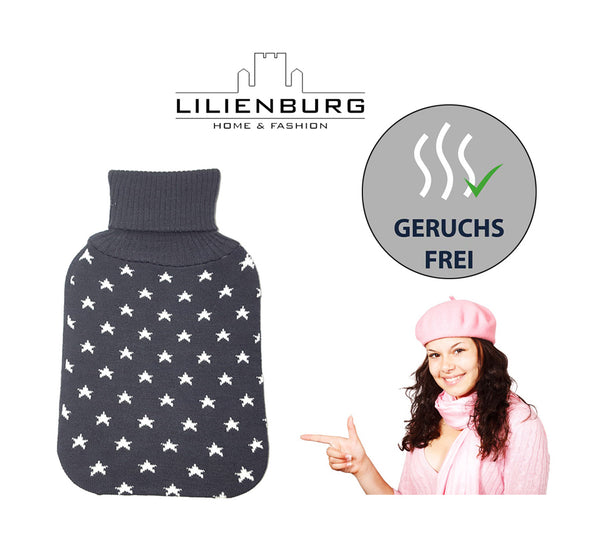 Wärmflasche 1,8 Liter Stern grau von Lilienburg/Frosch inkl. weißer Flasche Modern Design Dunkelgrau - Sterne