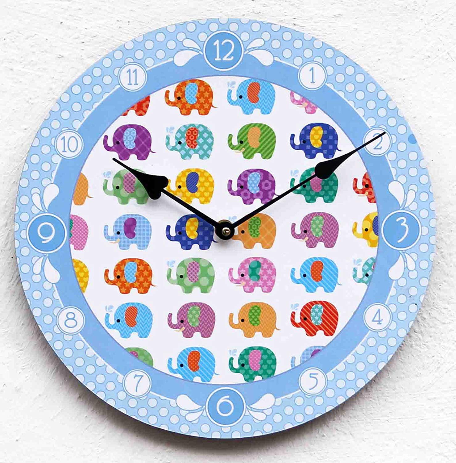 LB H&F Uhr Wanduhr Kinderzimmer ELEFANT bunt deko Wanddeko Küchenuhr Wand Kinder Quarzuhr klassisch Deko XL groß BLAU